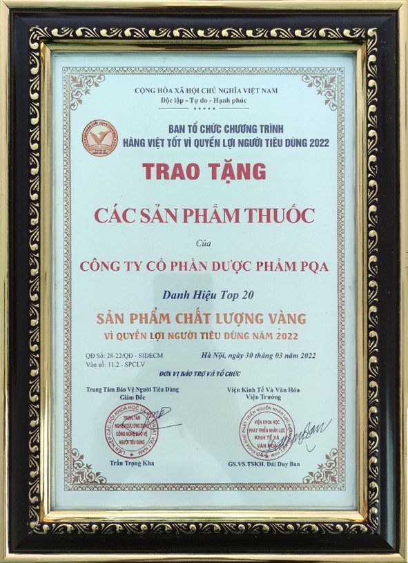 Danh hiệu top 20 sản phẩm chất lượng vàng