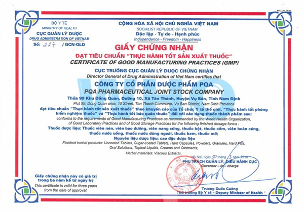 Giấy chứng nhận PQA của bộ y tế